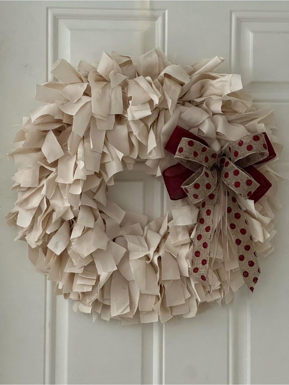 Cream Fabric Holiday Wreath with Burgundy Polka Dot Bow